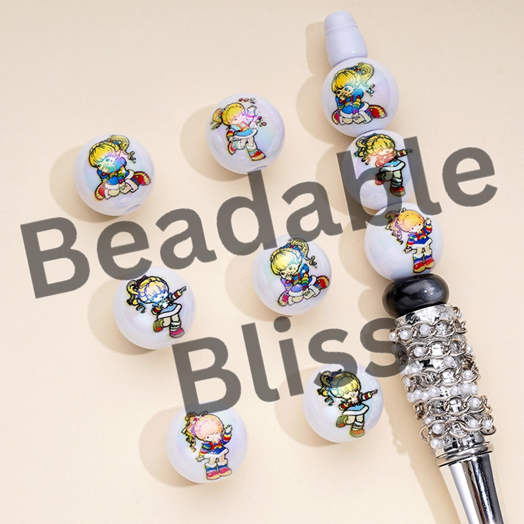 UV Finish Cute Girl Rainbow Brit White Round Acrylic Beads, 16MM, Random Mix