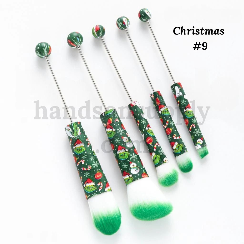 Festive Colorful Metal Beadable Christmas Themed Printed Makeup Brushes (1 Set = 5 pieces)