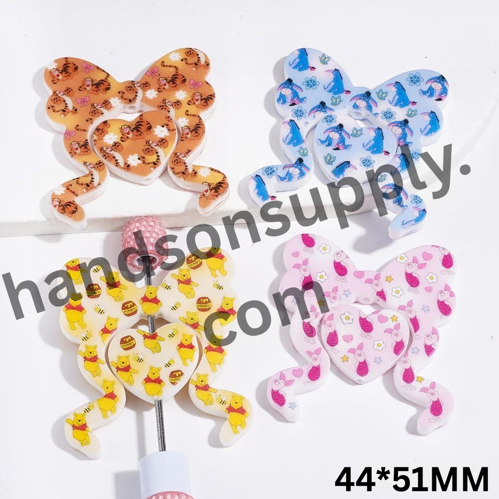 Playful Cartoon Tiger, Pig, Bear and Donkey Characters Printed Bowtie and Heart Design Silicone Focal Beads, 44*51MM, Random Mix