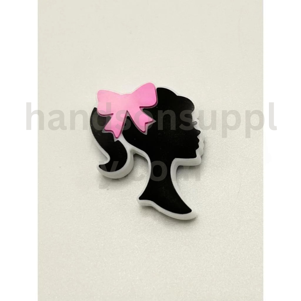 Fashion Doll Character with Long Hair and Pink Bow Silicone Focal Beads