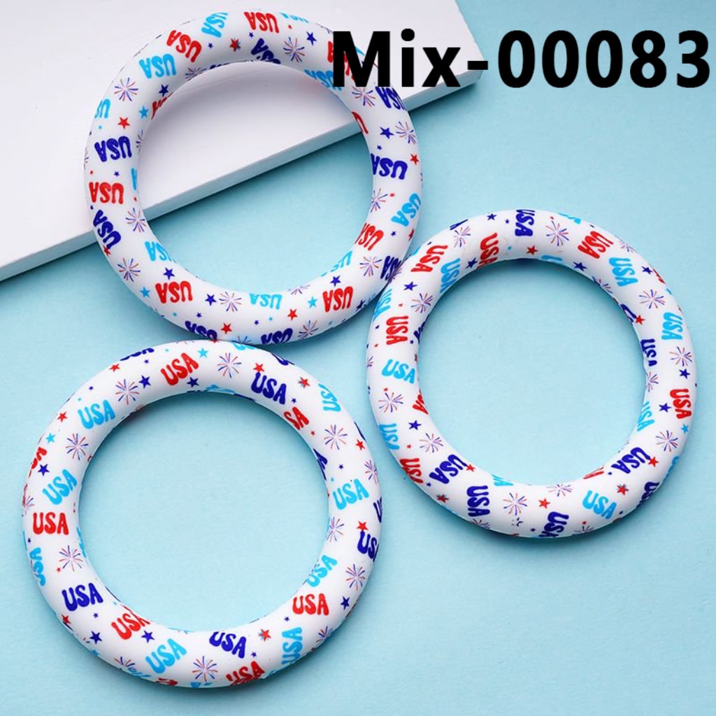 Stars Fireworks Prints Silicone Ring Frame Bead Circle Round Soft Car Hanger Charm Loop USA America 65mm