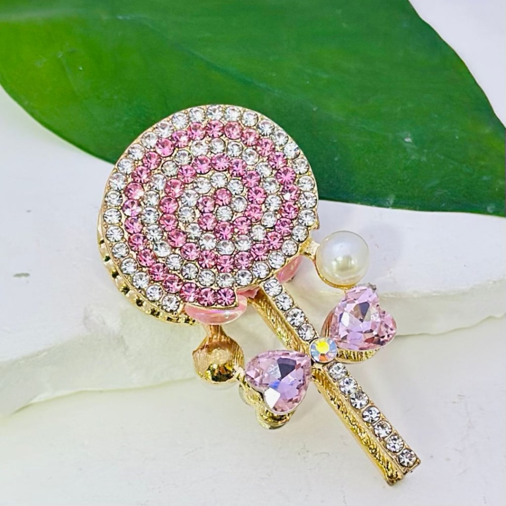 Rose Gold Alloy Fancy Bling Bling Lollipop with Colorful Shiny Rhinestones, Heart Diamonds, White Pearls, and Clay Beads, Around 54*28mm