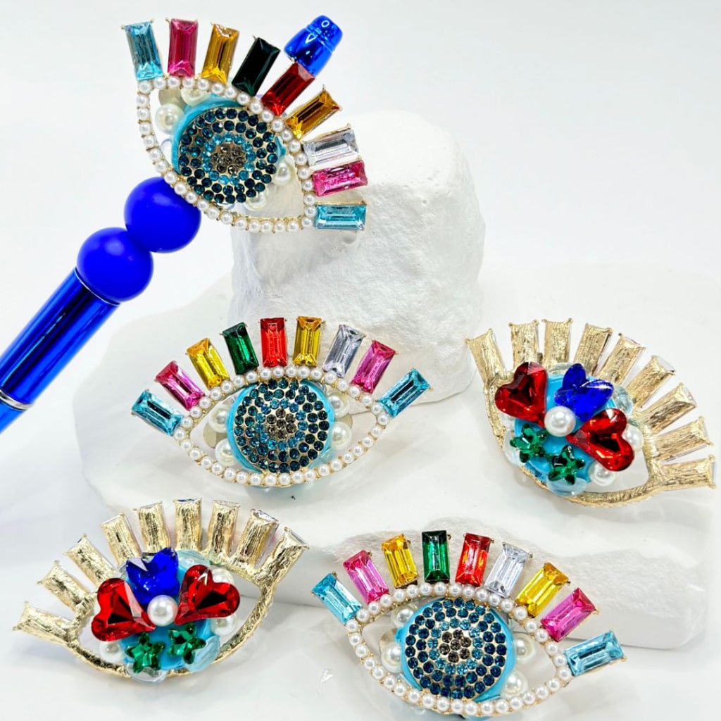 Colorful Rectangle Rhinestones with Delicate Alloy Large Evil Eyes, Butterfly, Heart, White Pearls Chain, Blue Mini Rhinestones, Star Diamonds, Clay Beads, Around 60*35MM
