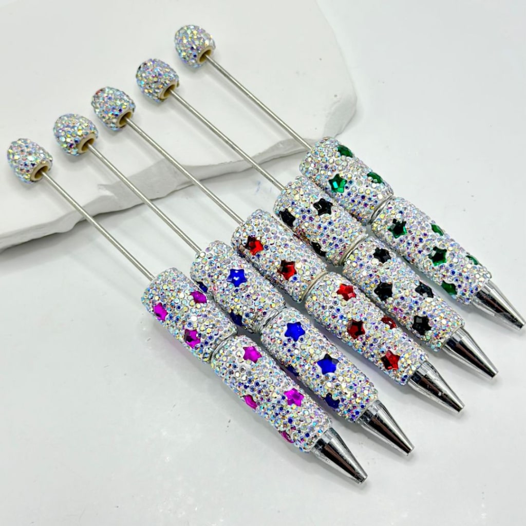 Beadable Clay Pens Covered with Multi-Color Stars and Mini AB Rhinestones, Entire Pen Decorated