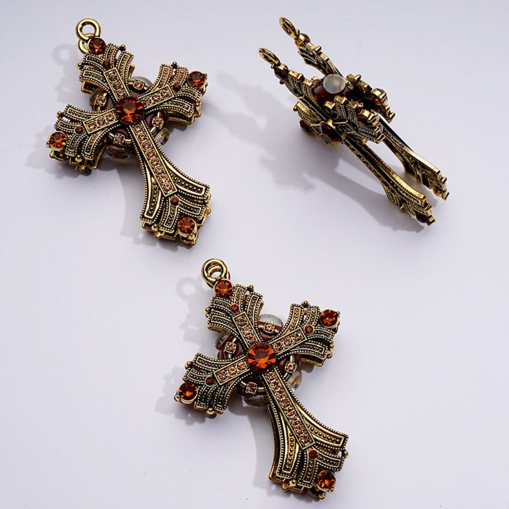 Elegant Dark Gold Alloy Cross with Sparkling Rhinestones, Small Ring & Clay Beads Approx. 74x52MM