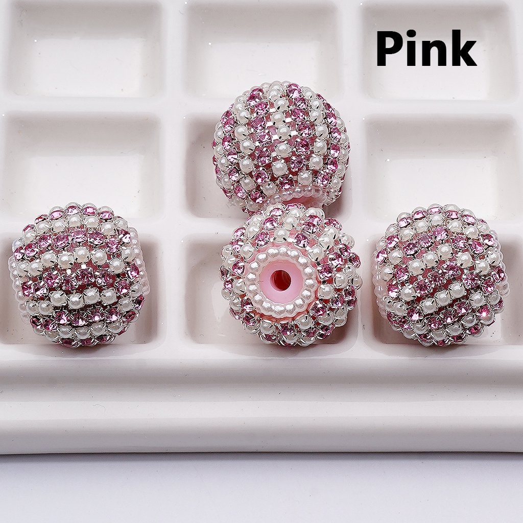 White Pearls Round Acrylic Beads Multi-Color Shiny Rhinestones 20MM