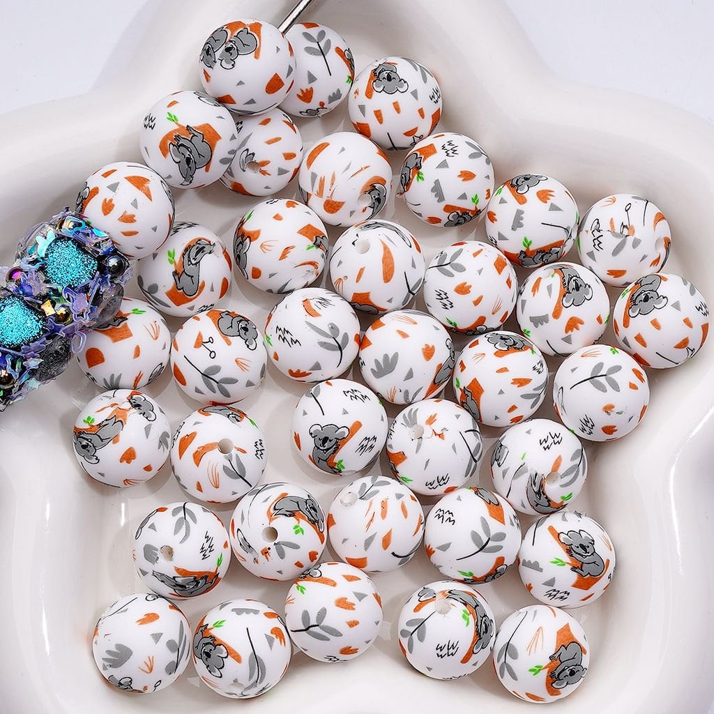 Adorable Sleeping Koala Silicone Beads White Printed 15MM, Design Z-00226
