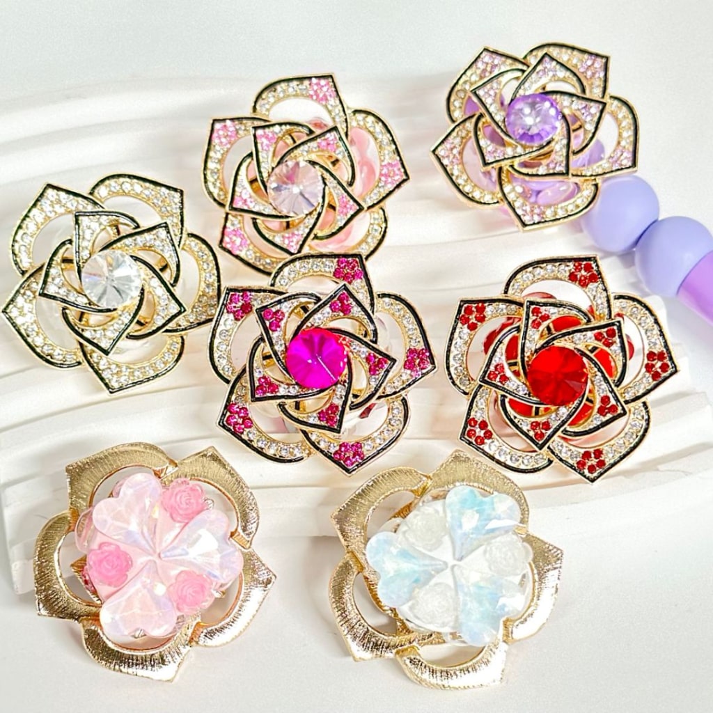 Delicate Rotatable Small Flower with Gold Alloy Rose Flower, Large Round Rhinestone Inside, Colorful Heart Rhinestones, and Clay Beads, Around 40MM