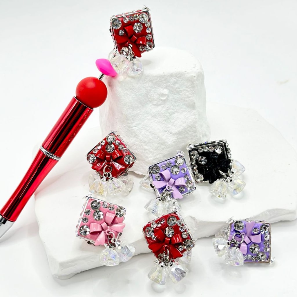 Alloy Square Clay Beads in Multi-Color with Clear Rhinestones, Bowknots, and Clear Wind Chime Bell Pendants, Around 20MM