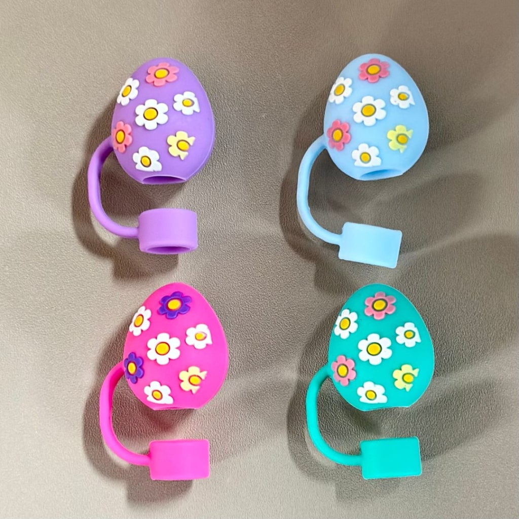 Food Grade Cup Tumbler Easter Colorful Eggs Silicone Straw Topper, Random Mix