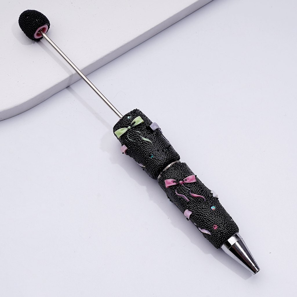 Clay Beadable Pen – Decorated with Bowknots, Mini Rhinestones & Black Snowball Accents