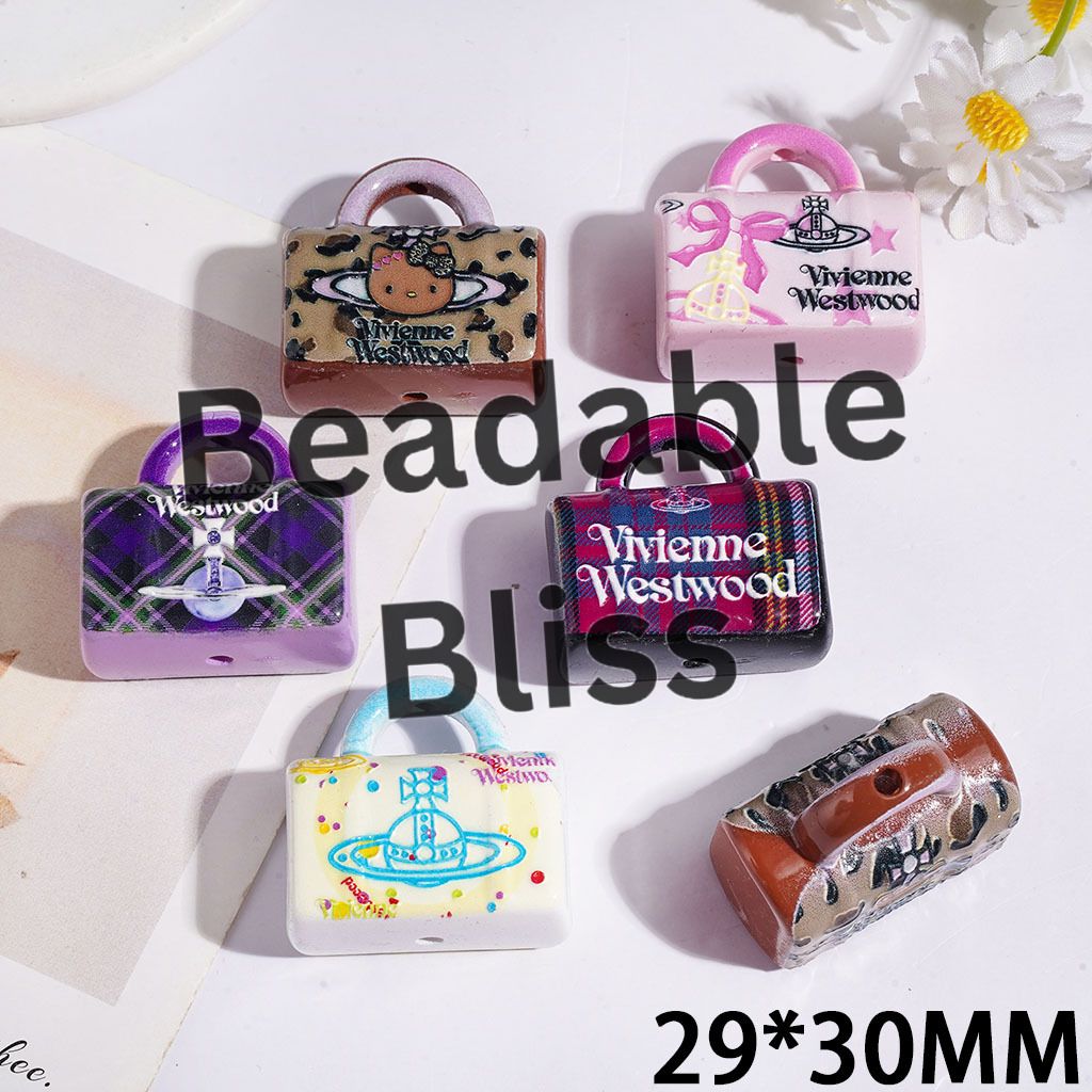 Acrylic Beads Handbag with Various Style Print, 29*30MM Random Mix