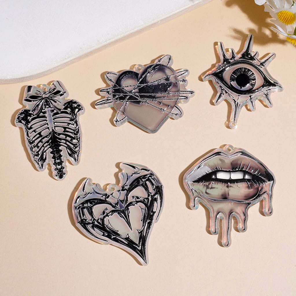 Laser Rainbow Colored Acrylic Pendants Halloween Theme with Bones Heart Blood-Stained Lips Evil Eyes, Random Mix White Black