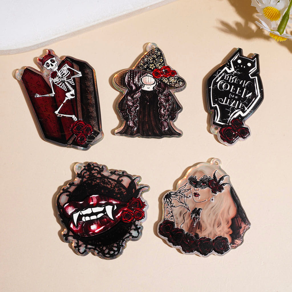 Laser Rainbow Colored Acrylic Pendants with Coffins Skeletons Witches Tombstones Vampires Lips, Halloween Theme, Random Mix
