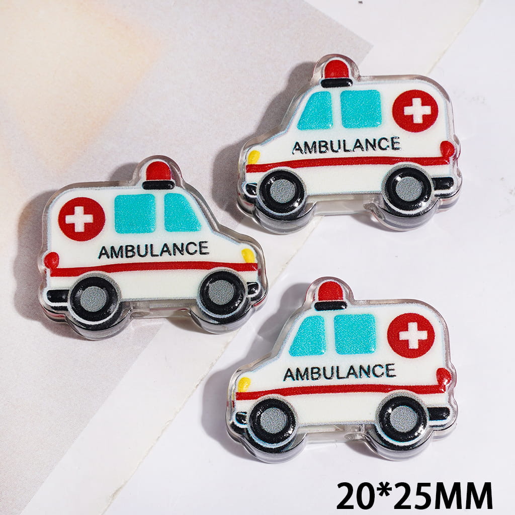 Cartoon Style Ambulance with Red Warning Light Acrylic Beads, 20*25MM, Translucence
