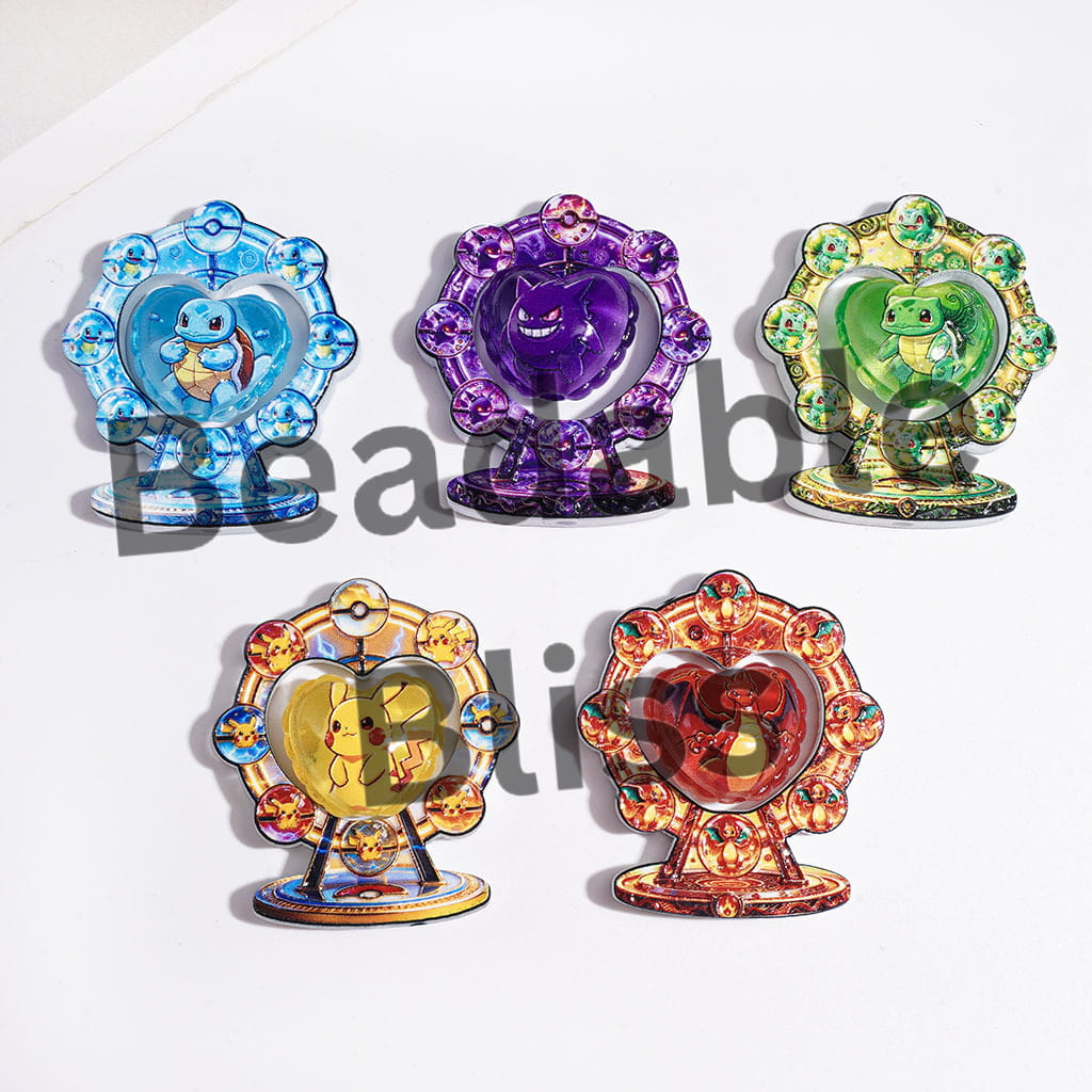Acrylic Beads Small Monster Character Collection Set, Hollowed Ferris Wheel Frame and Heart Shaped Pieces, Random Mix