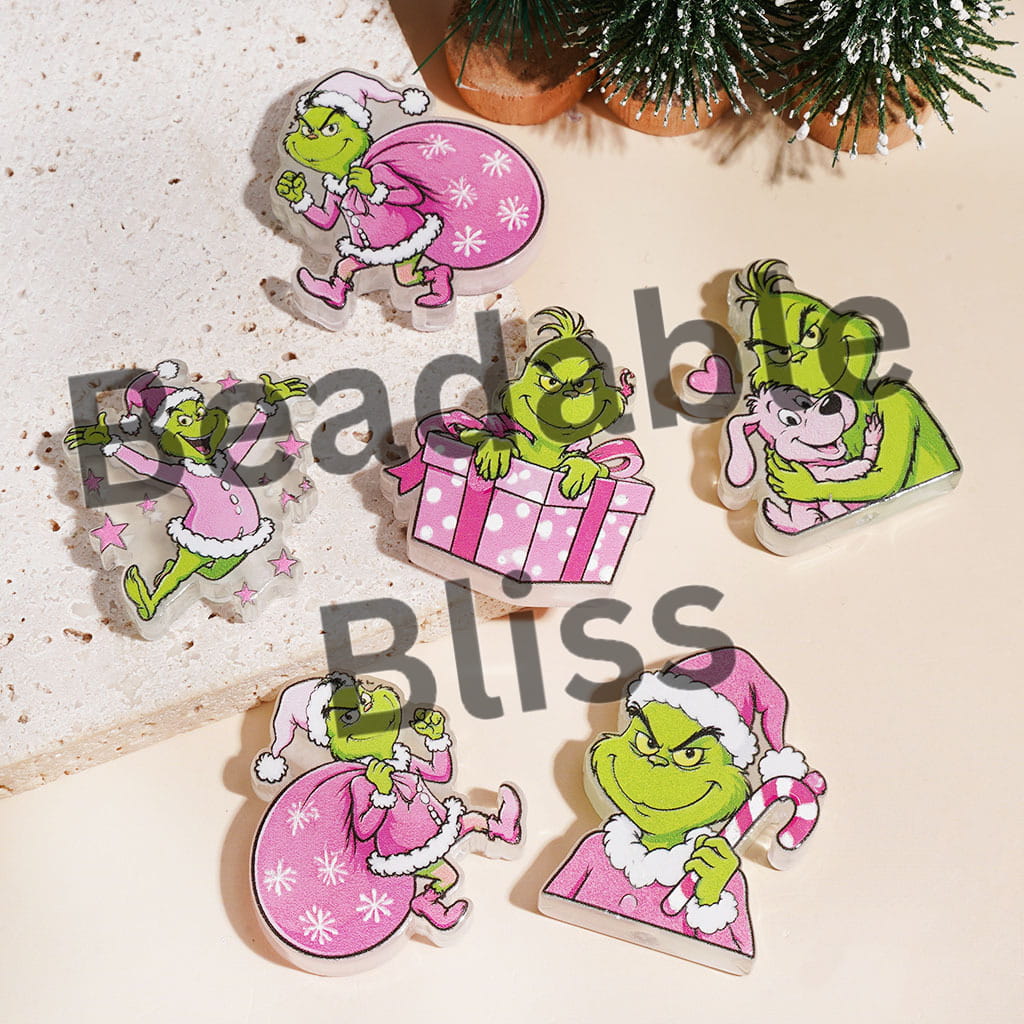 Acrylic Beads Christmas Green Character Theme, Pink Series, Semi-Clear, Random Mix