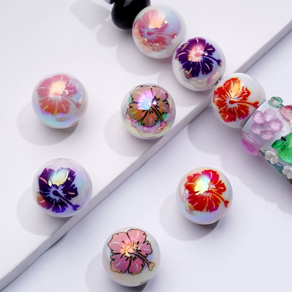 Large Flowers Leaves UV Coating Colorful White Round Acrylic Beads, 16MM, Random Mix