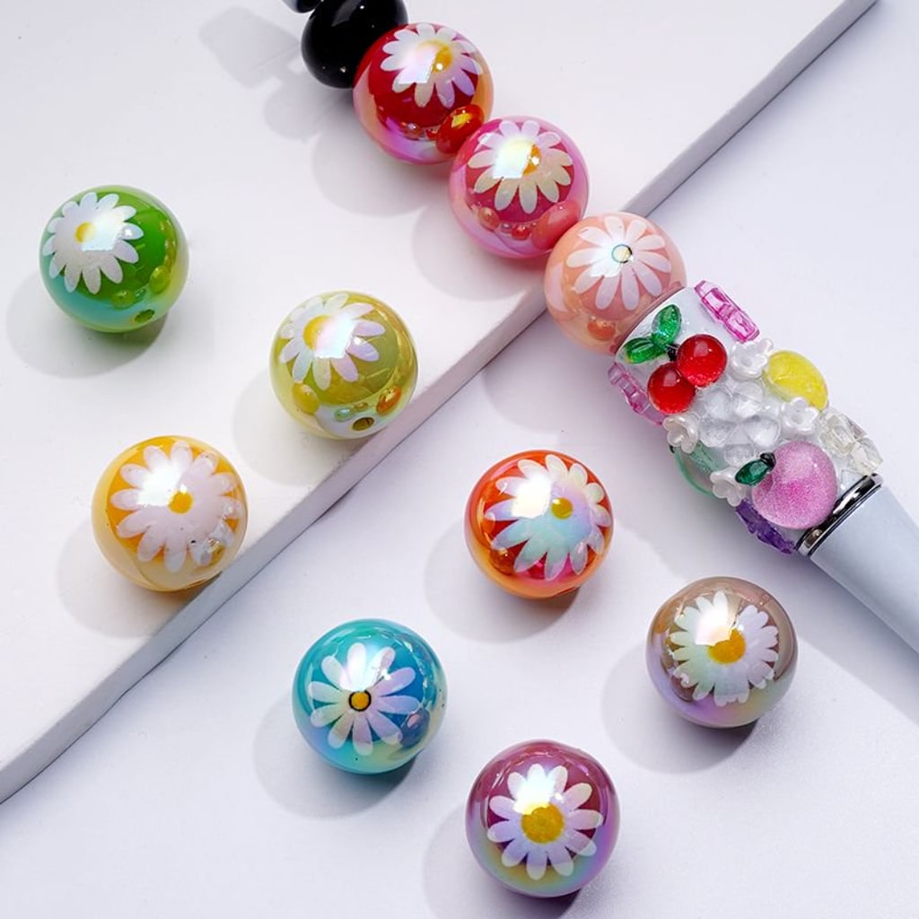 Cute Flowers UV Coating Colorful Round Acrylic Beads, 16MM, Random Mix