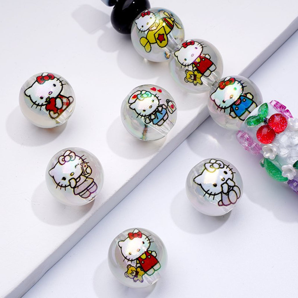 UV Coating Cute Cat Adorable Character Clear Round Acrylic Beads, 16MM, Random Mix
