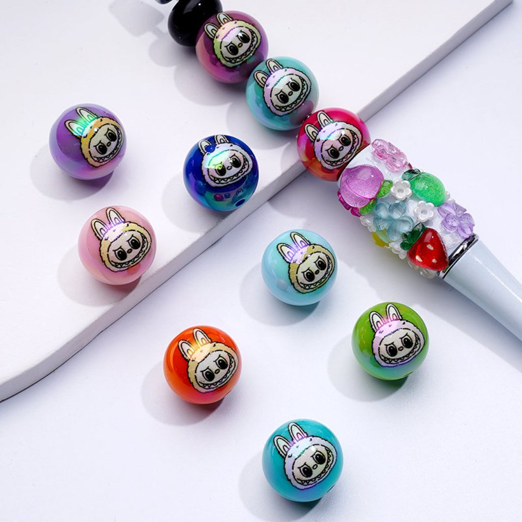 Cute Labub Pop Mar UV Coating Colorful Round Acrylic Beads, 16MM, Random Mix
