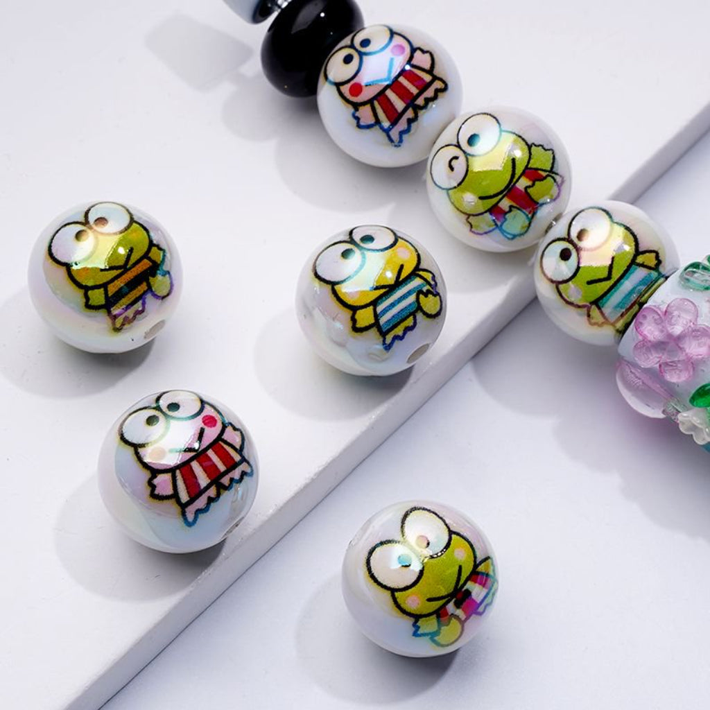 Cute Frog Keropp Sanri White UV Coating Round Acrylic Beads, 16MM, Random Mix