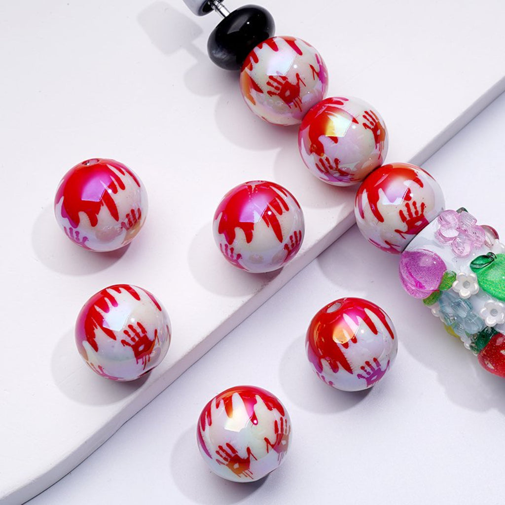 Spooky Bloody UV Coating Hand Prints Halloween White Round Acrylic Beads, 16MM, Random Mix