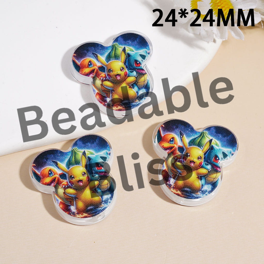 Acrylic Beads Mouse Head Shape with Small Monster Character Prints, 24*24MM