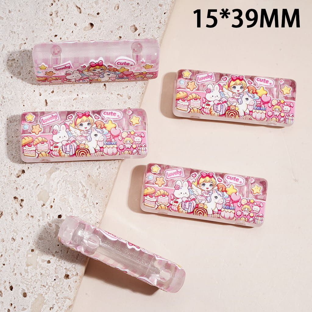 Semi-Clear Cute Kawaii Girl, Bunny & Unicorn Bunny Dessert Theme Printed Rectangle Acrylic Beads, Double Holes, 15*39MM