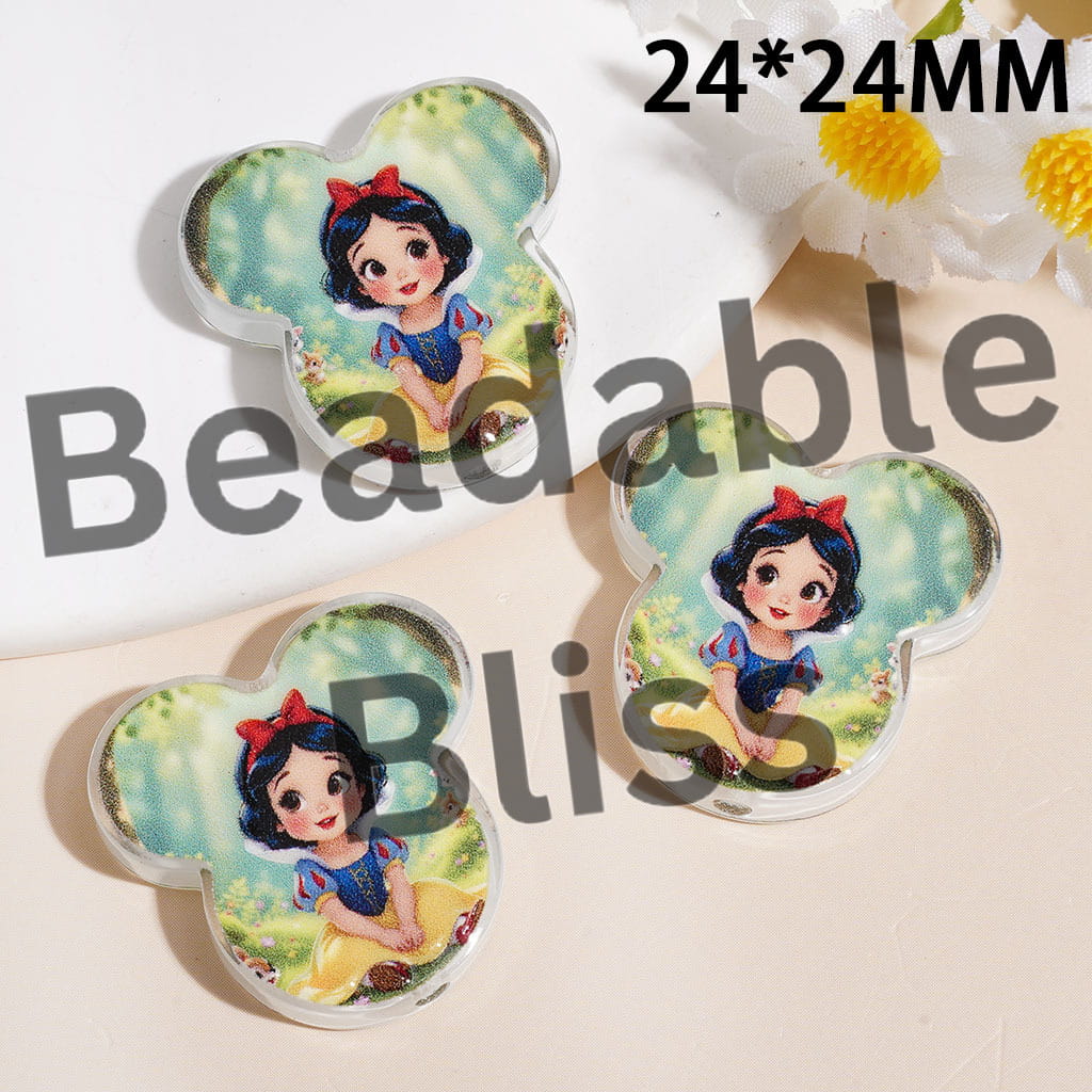 Acrylic Beads Pendant Mouse Head with White Snow Princess Character, 24*24MM