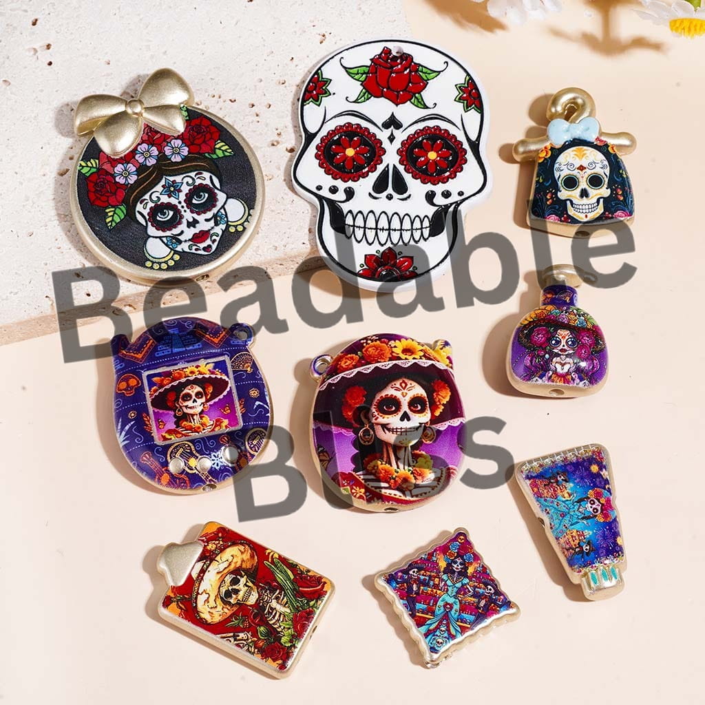 Acrylic Beads for Pendants Skeleton Skull Baby in Day of the Dead Theme, Random Mix