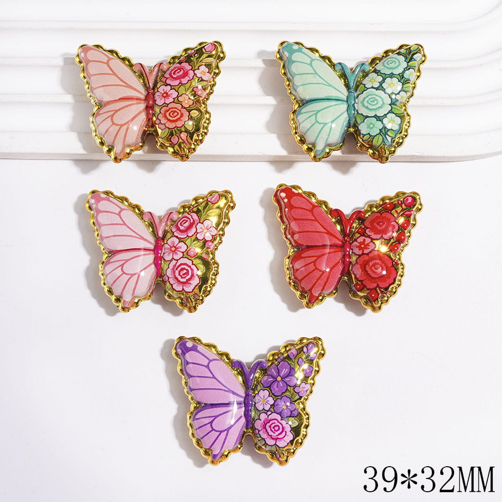 Acrylic Beads Butterfly with Flower on Half Wings, 39*32MM, Multi-Color, Random Mix