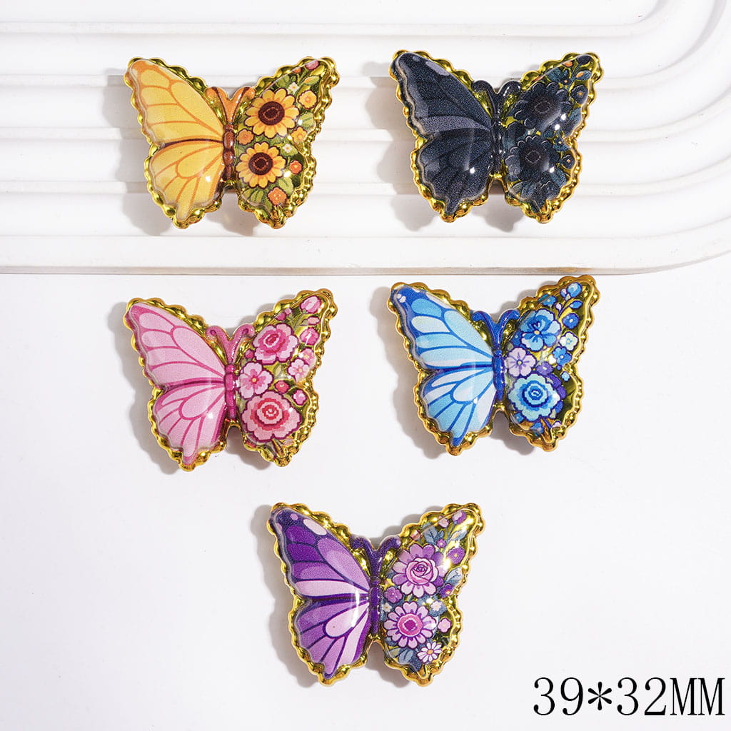 Acrylic Beads Butterfly with Sunflower and Daisy Flower on Half Wings, Multi-Color, Gold Edge, Random Mix