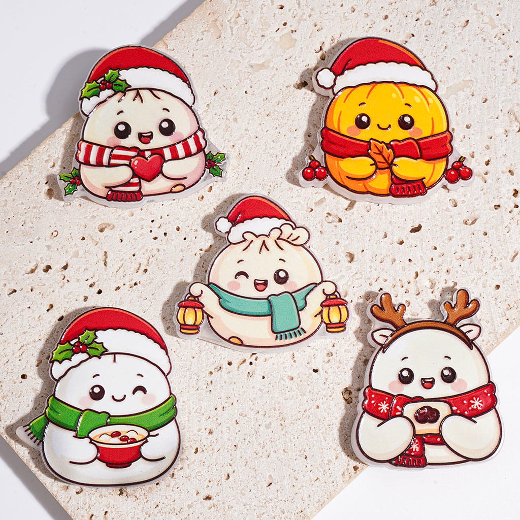Cute Dumpling Character with Red Hat & Scarf Christmas Theme Acrylic Beads, Random Mix