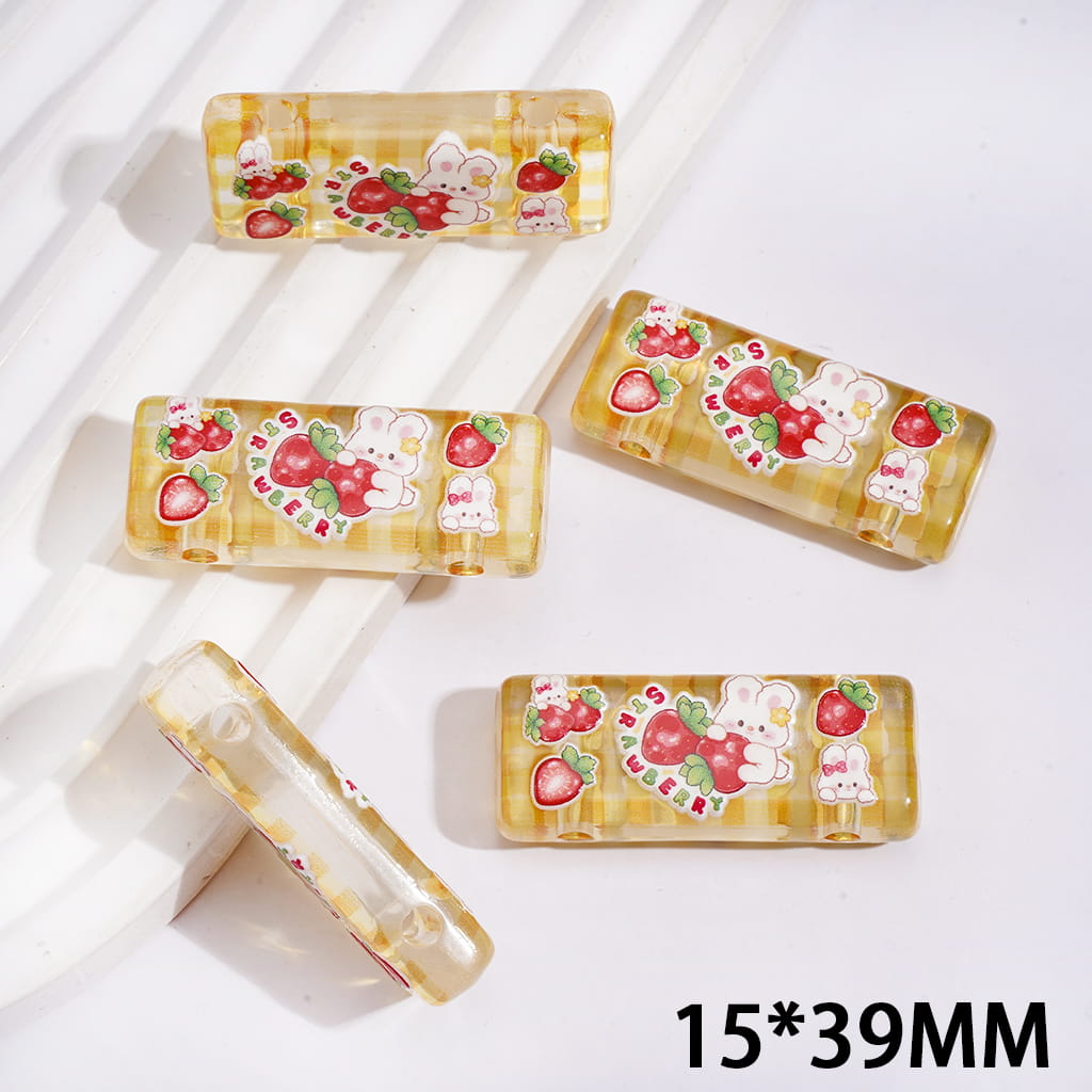 Semi-Clear Cute Bunny & Sweet Strawberry Picnic Rectangle Acrylic Beads, Double Holes, 15*39MM