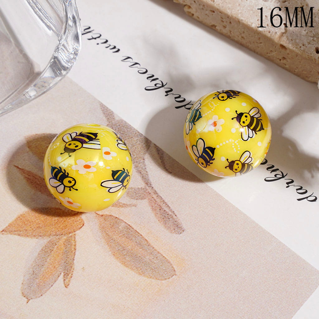 16MM | UV-Coated Acrylic Beads for Bracelets or Necklace, Cute Honey Bees and Flowers Pattern, Yellow Background