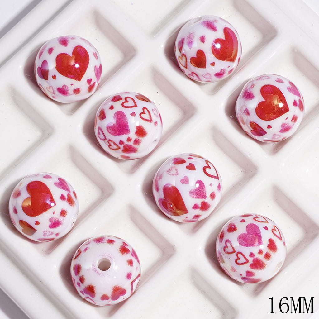 UV-Coated Acrylic Beads for Bracelets with Pink Heart, 16MM