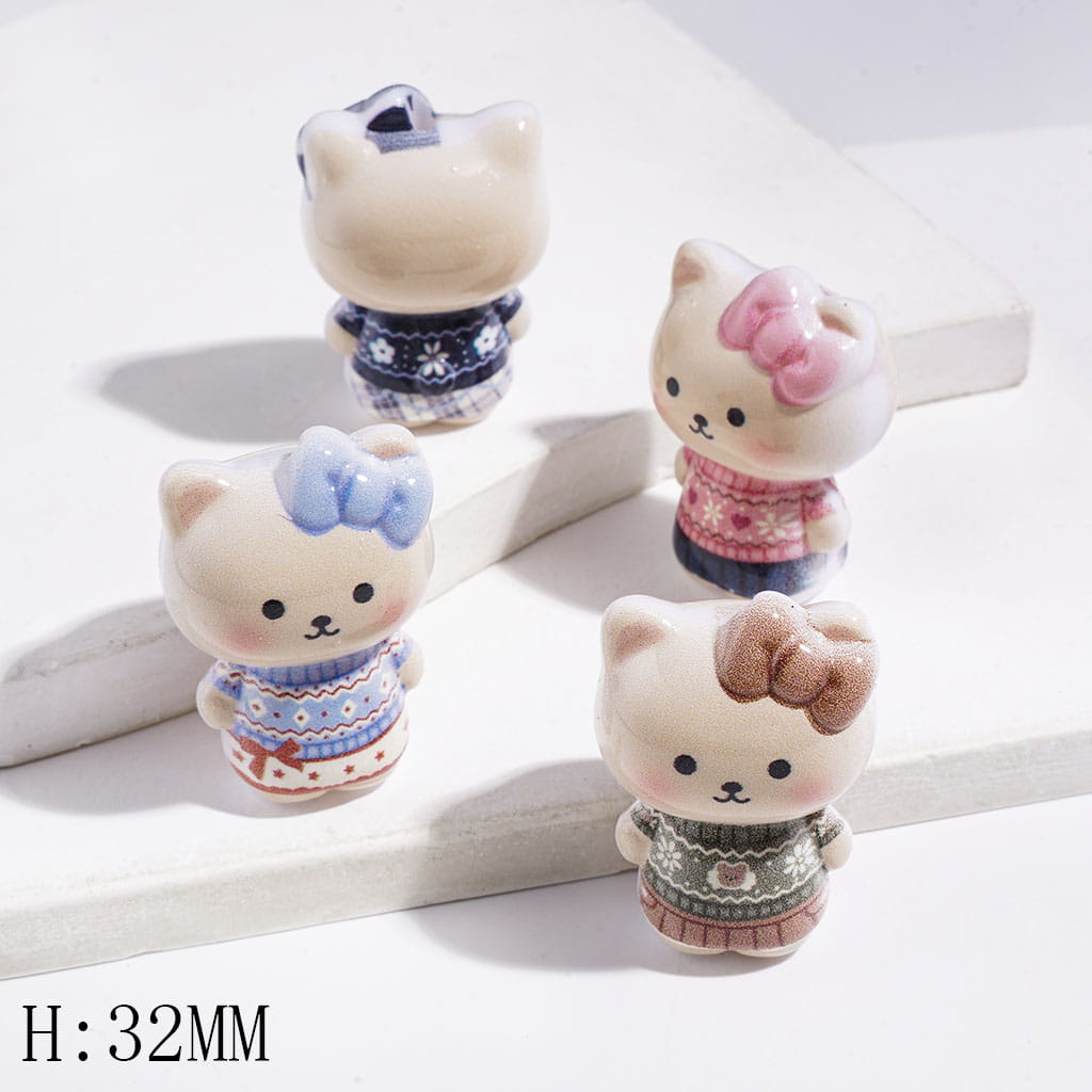 Charming Cute Cat Character Wearing Sweaters with Diverse Color Bowties Acrylic Beads, 32MM Height, Random Mix