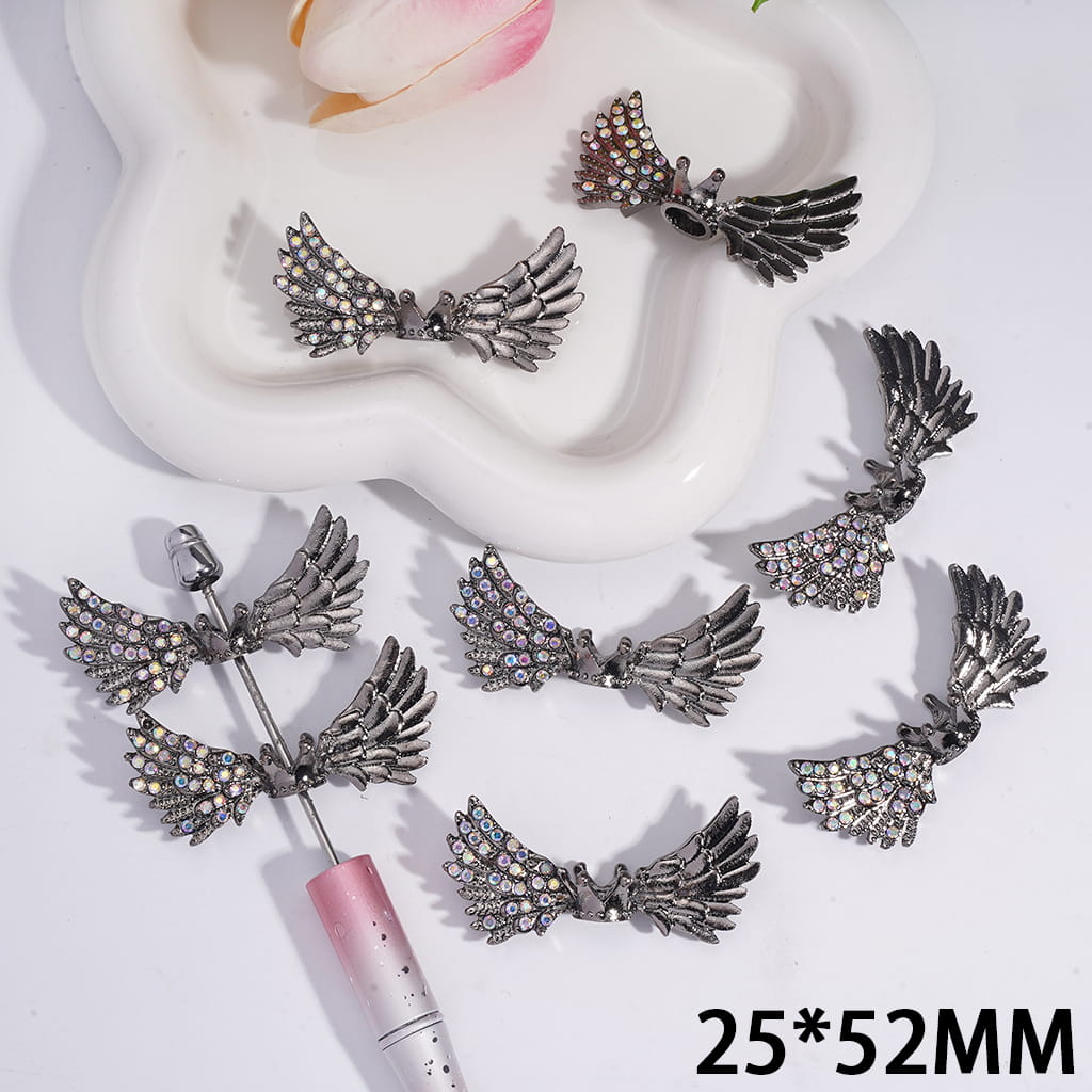 Gun Black Angel Wings with Crown AB Rhinestones, 25*52MM Alloy Beads