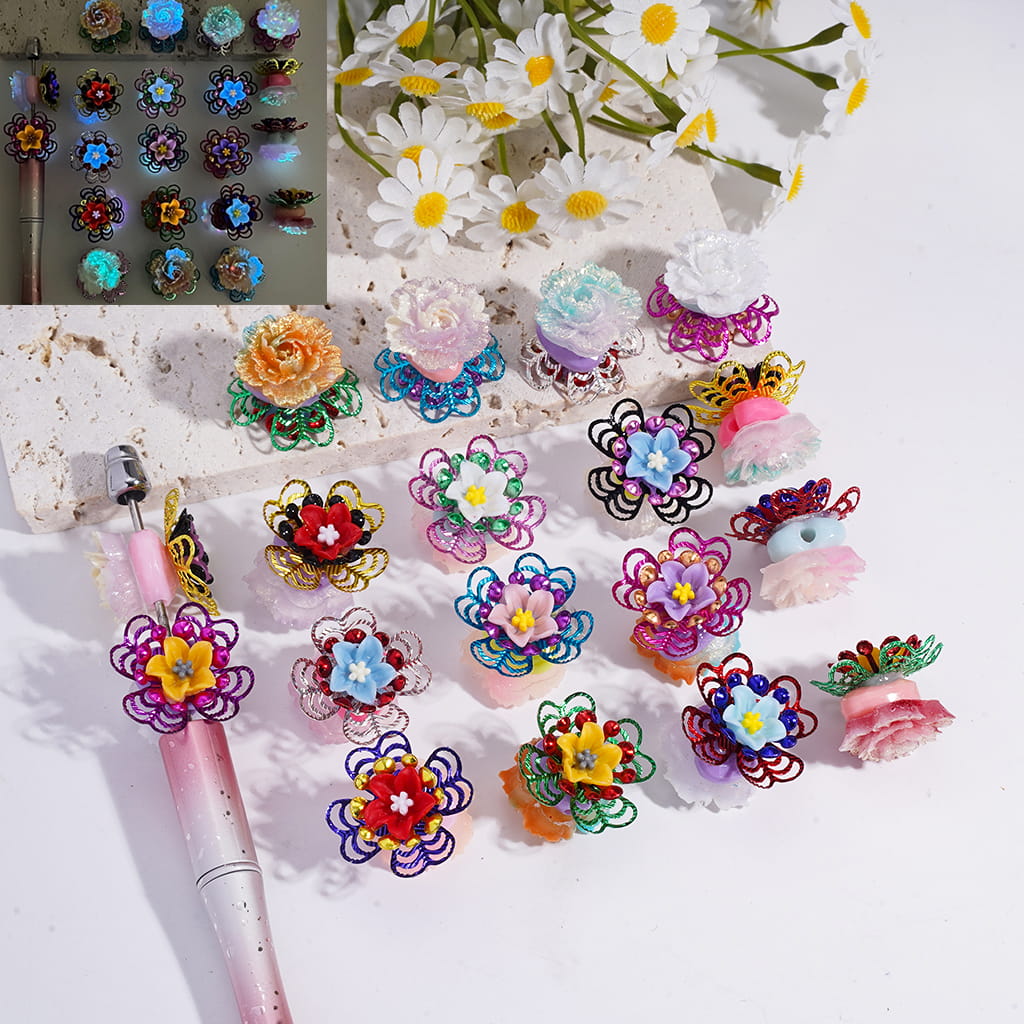Soft PVC Luminous Peony Heart with Flower and Metal Flower Acrylic Beads Random Mix
