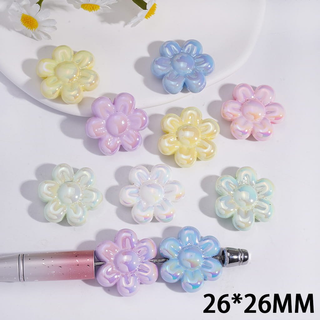 UV Coating Six-Petaled Flowers Macaron Color 26*26MM Acrylic Beads Random Mix