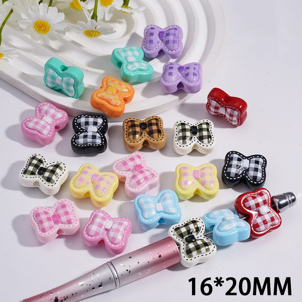 Cute Colorful Butterfly Bowknot with Checkered Pattern Acrylic Beads 16*20MM, Random Mix