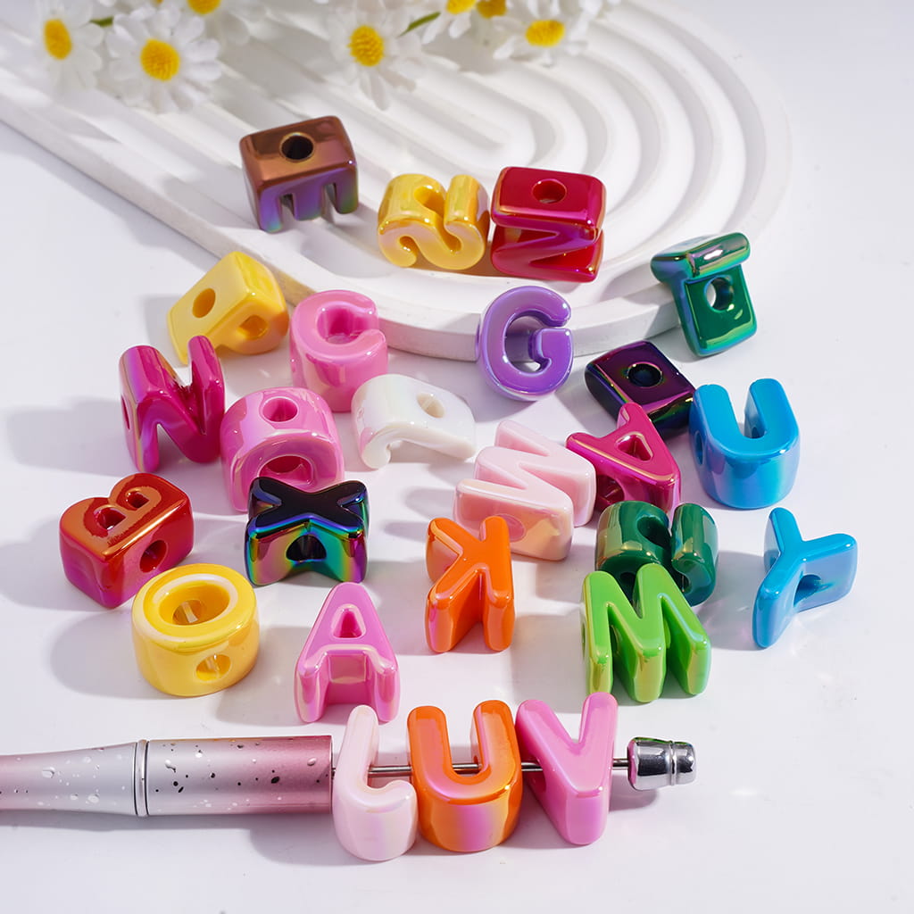 UV Coating Letter Big Hole Acrylic Beads Random Mix(The Hole Diameter is Around 6MM)