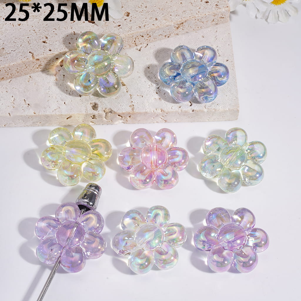 UV Coated Translucent Colorful Six-Petaled Flower Acrylic Beads 25*25MM