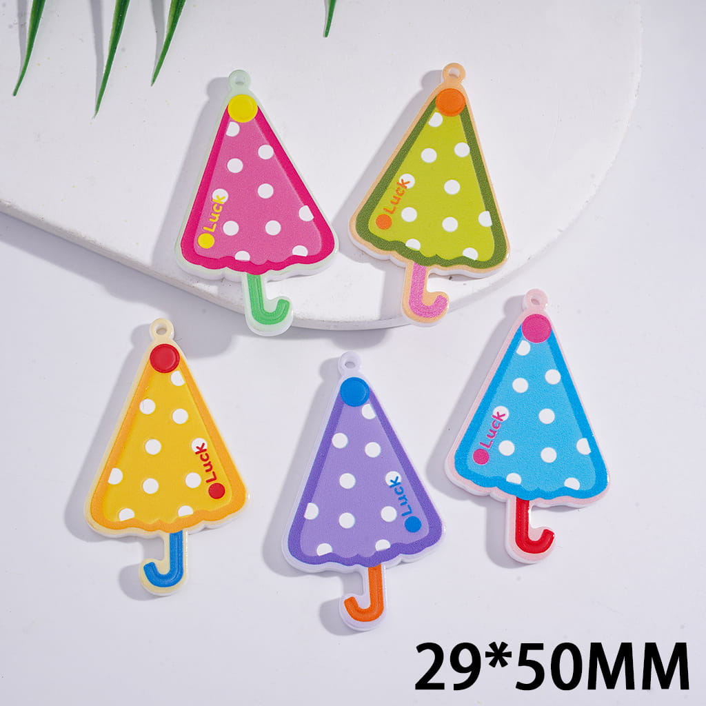 Cute White Polka Dots Umbrella with Text “Good Luck” Charm Acrylic Bead Pendant 29*50MM, Random Mix