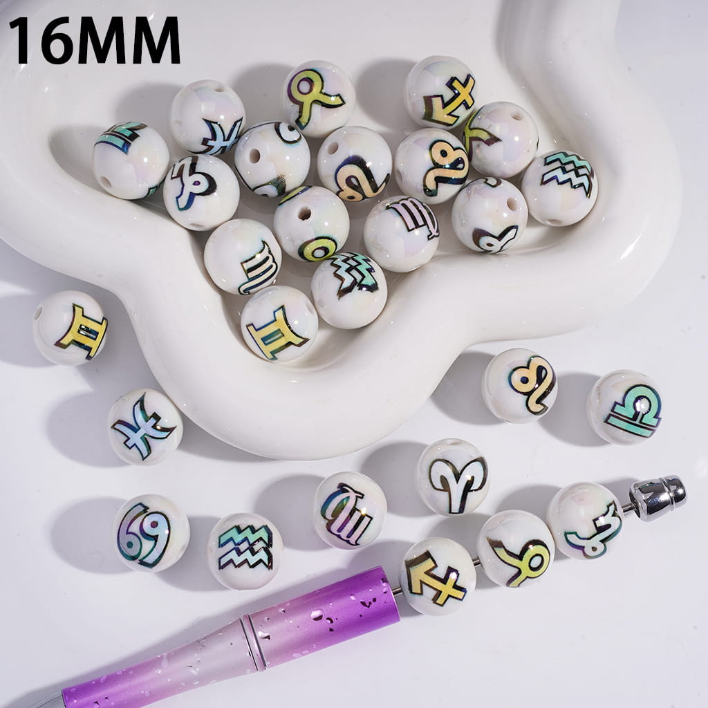UV Coating Twelve Constellations Zodiac Print Round Acrylic Beads 16MM Random Mix