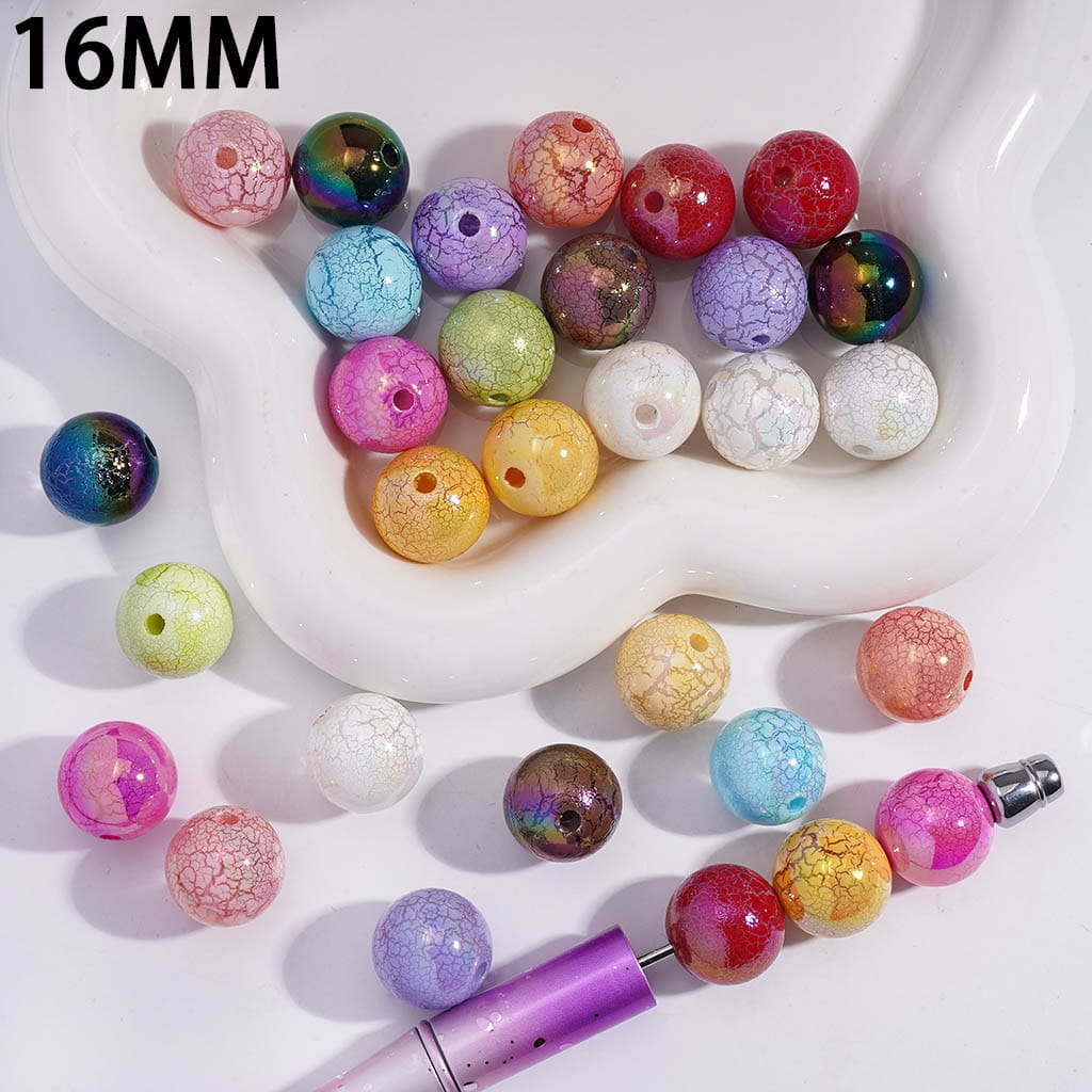 UV Coating Crackle Texture Round Acrylic Beads for Bracelets 16MM Random Mix