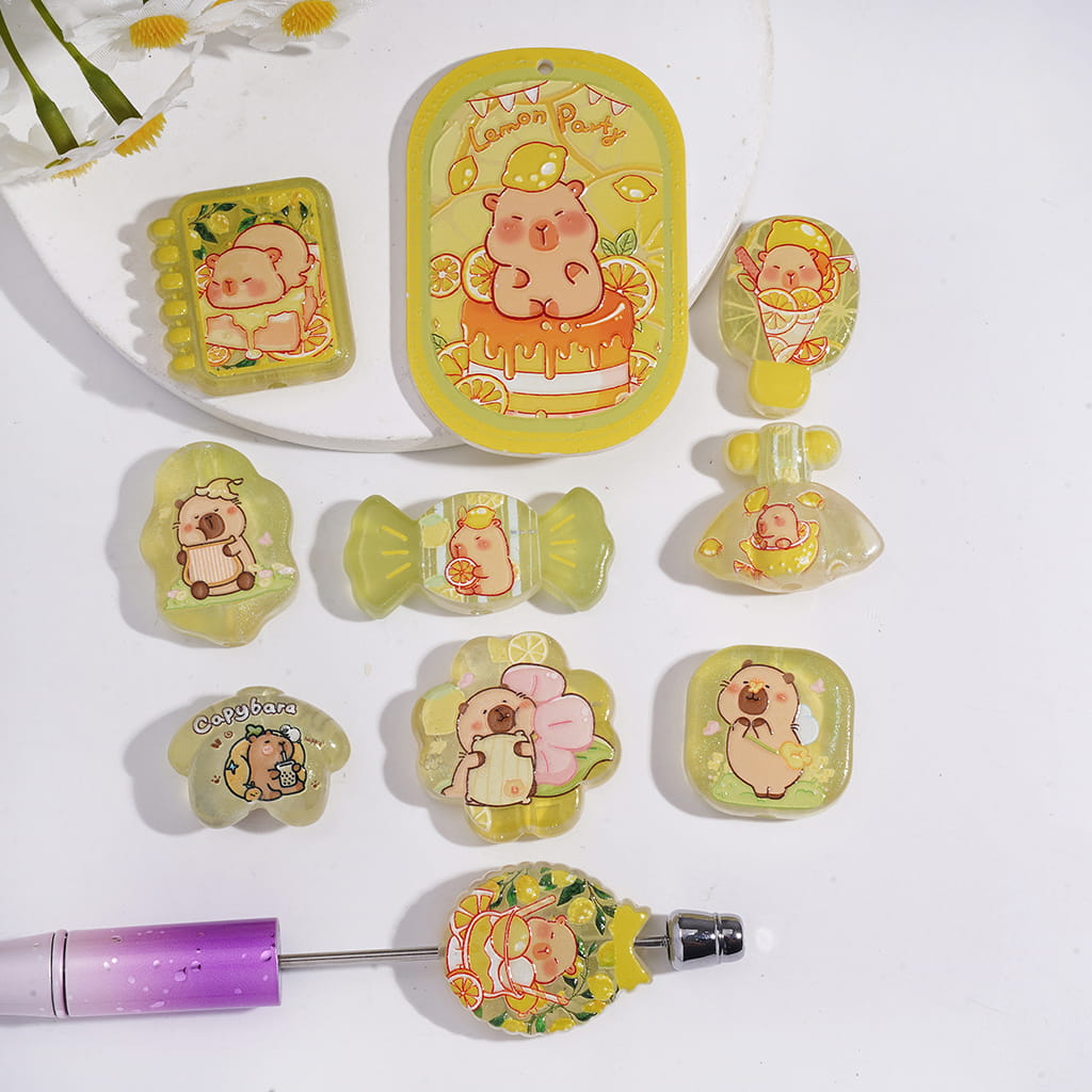 Cute Animal Fruit Charm Capybara & Lemon Series Acrylic Pendant Beads Random Mix