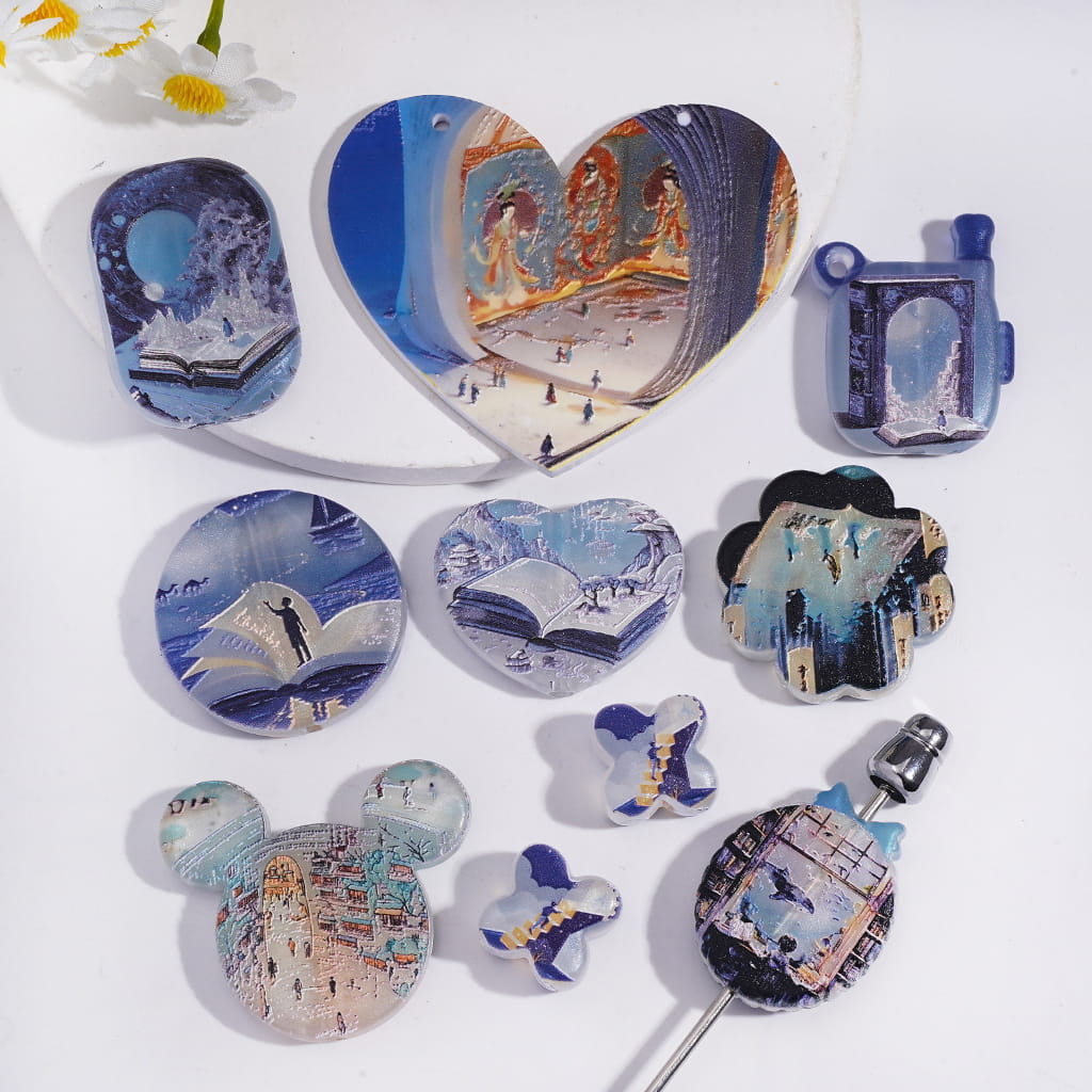 Chinese Cultural Book Design Dunhuang Blue Series in Various Shape & Design Acrylic Beads Pendant Random Mix