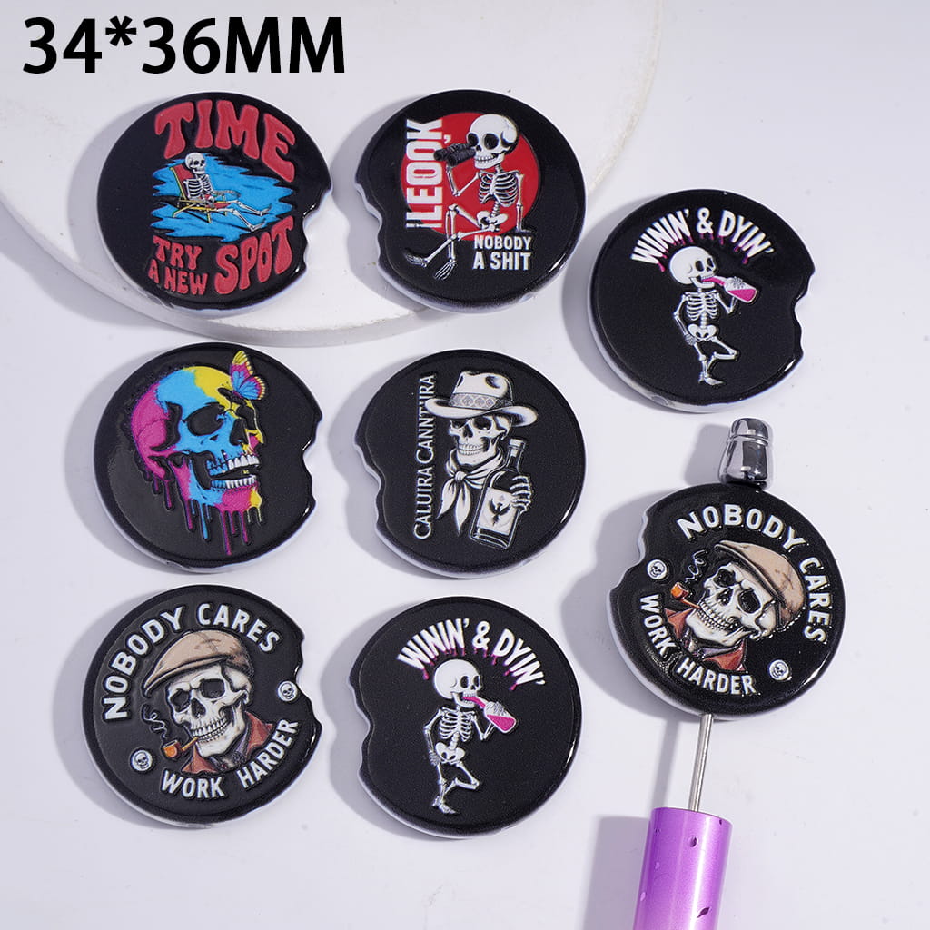 Cute Bitten Cookie Style Acrylic Beads with Halloween Skeleton Print 34*36MM, Random Mix